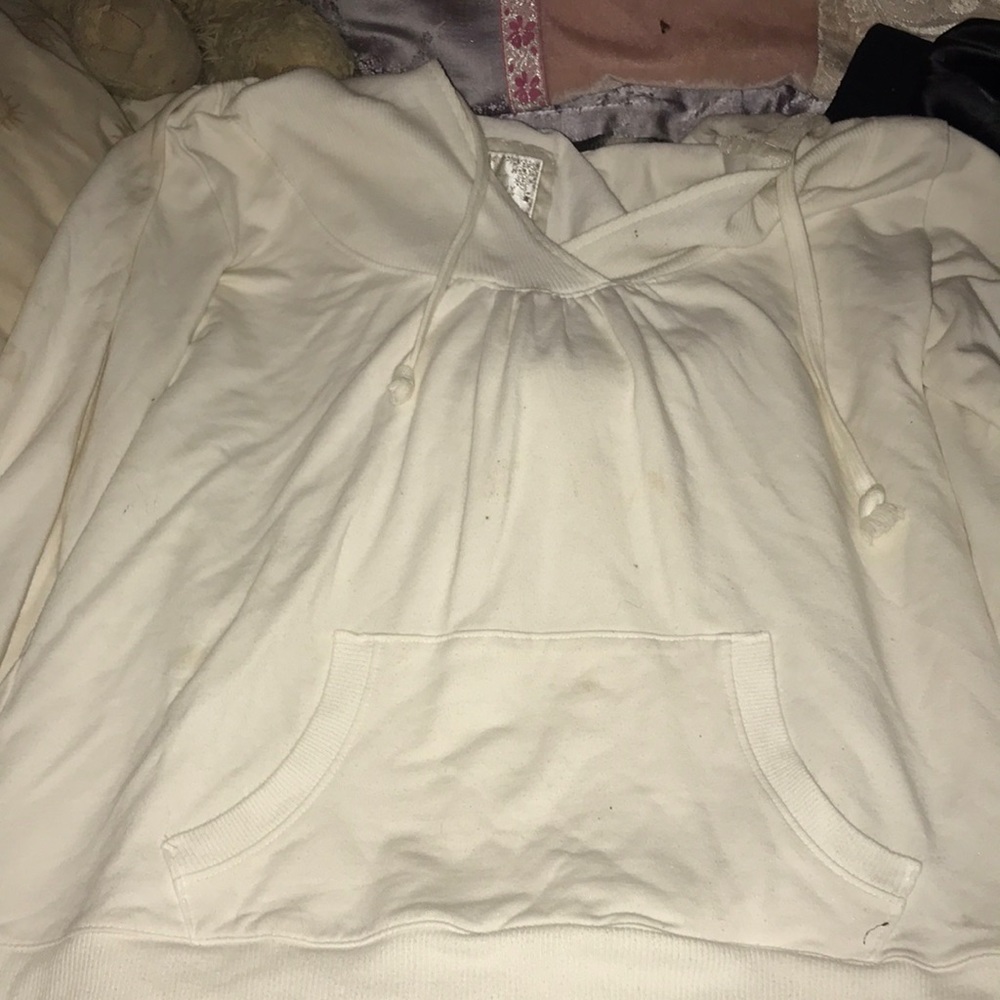 white V-neck hoodie with strings